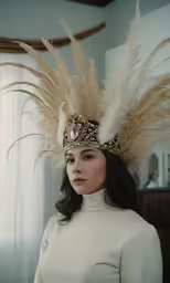 woman with white shirt and gold headdress holding feather