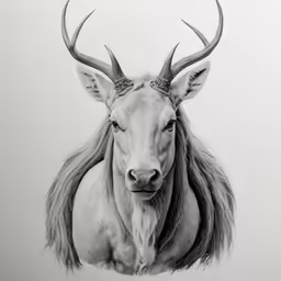 a black and white photo of an animal with antlers on its head