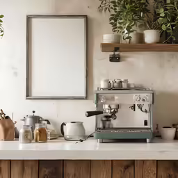a white table topped with a blue and black stove top oven
