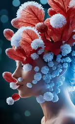 a woman with frost covered flowers on her head