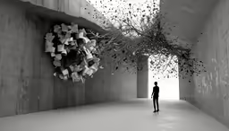 a man standing in a corridor surrounded by multiple circular pieces