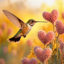 the hummingbird is flying above the pink flowers