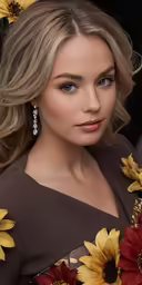 a woman with flowers and hair wearing earrings