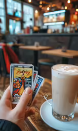 a hand holding two deck cards and a cup of coffee