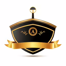 black and gold shield badge with golden ribbon