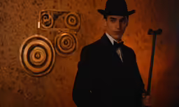 young man in black suit and top hat holding an ax
