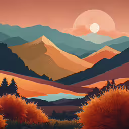 a painting of a forest with mountains in the background,the sunset in the mountains is very beautiful