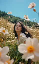 the woman is laying on her stomach surrounded by flowers