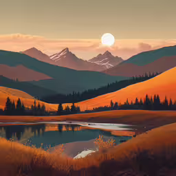 a painting of the sun over a beautiful mountain,a painting of a beautiful sunrise with mountains and lake in foreground