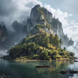 there is a boat on the water near a rocky shore