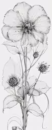 a black and white drawing of flowers,an image of flowers that have long stems and leaves on them