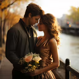a couple embracing each other as they stand close to each other on the sidewalk next to the water,young couple in formal dress near a lake