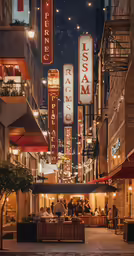 the entrance to an outdoor cafe with several lighted signs