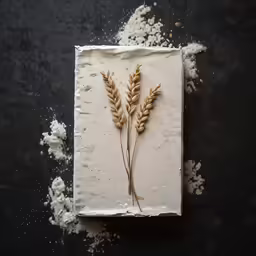 two stalks of wheat sitting on top of some white flour