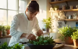 a woman in a kitchen arranging some lettuce