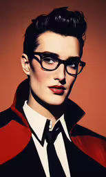 a person wearing glasses and a tie standing in a studio,a women in a red and black striped coat with her hair styled back to the side with dark sunglasses
