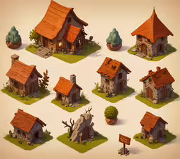 there are twelve different roofs and windows of houses,there is a collection of house shapes in the picture