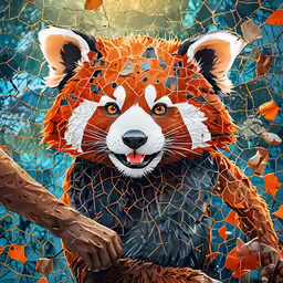 a red panda holding onto a net with leaves