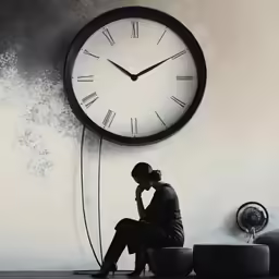 woman in a business suit sitting near large clock
