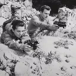 a man and a woman sitting on rocks holding cameras