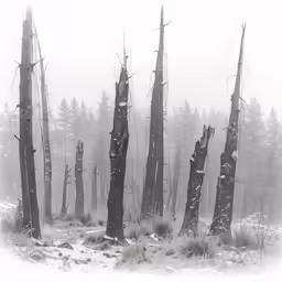 a forest of trees in the snow with some plants