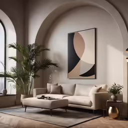 a living room with a white couch and a painting