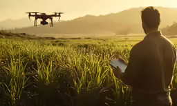 the man in the field looks down at the flying device