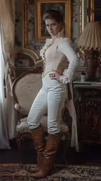a woman standing in front of an ornate chair,the woman is posing on a chair with her boots on
