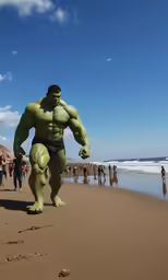a giant hulk figure is walking along the beach
