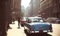 a vintage blue car is on the side walk in the afternoon