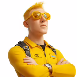 young man in yellow uniform with his arms crossed and one hand on his hip