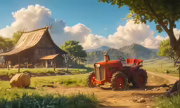 the old red tractor is in front of a large house