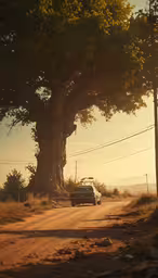 a tree sitting on the side of a dirt road,a car driving down a dirt road next to a large tree