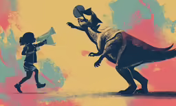 a kid is running with an dinosaur while another boy carries a flag