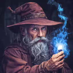 a man with a long white beard and beard with a fire