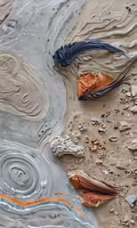 three blue and orange feathers in the wet sand