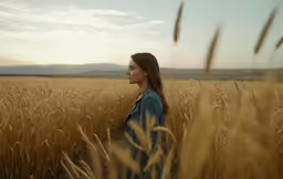 a woman standing in a field near tall grass