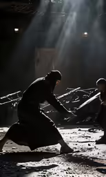 two people standing in the dark holding swords
