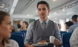 a man is in an airplane with two women