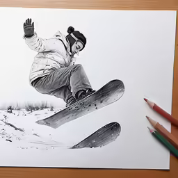 a pencil drawing of a person jumping on a snowboard