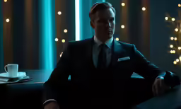 a man in a suit sits by a counter in front of curtains and drinks