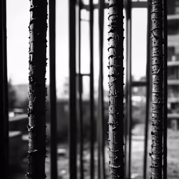 black and white photograph of a bunch of wooden posts