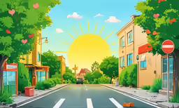 a large poster of a city scene with a sun