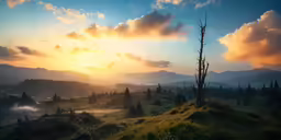 the sun rises over the mountains with a forest on each side
