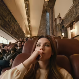 a woman is in a movie theater, with her hand over her mouth