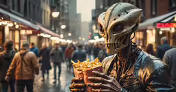 the man is holding food with a strange head