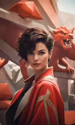 a woman in a red coat next to a giant demon