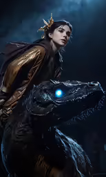 the woman on a godzilla is dressed in costumes