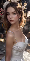a woman wearing a flowered wreath standing outdoors