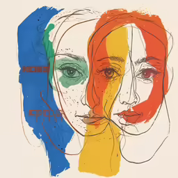 a colorful picture of two women facing each other